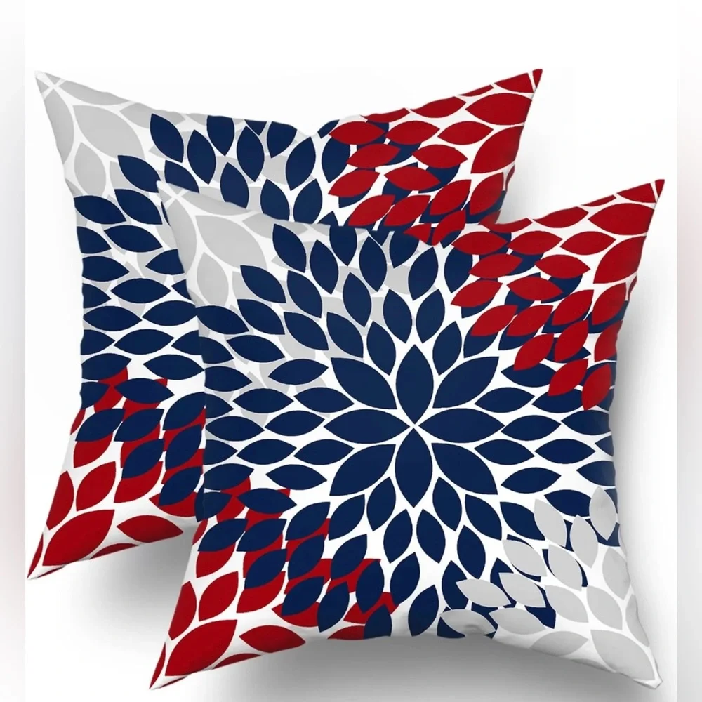 Decorative Floral Burst Accent Pillow - Navy, Red & Gray